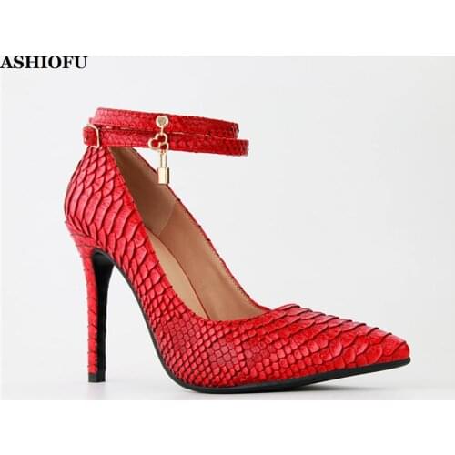ASHIOFU Handmade Ladies High Heel Pumps Real Photos Locker Buckle Ankle Strap Party Dress Shoes Fish-skins Style Fashion Shoes