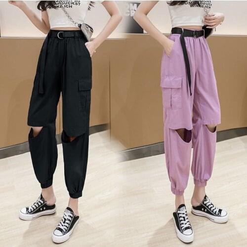 2021 Spring Fashion Womens Harem Pants Loose Elastic Waist Womens Clothing Streetwear Trousers Black Purple Wide Pant