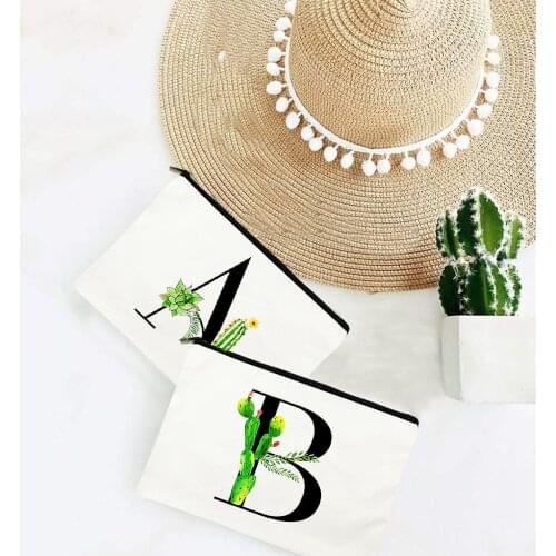 Cactus English Alphabet Plant Canvas Cosmetic Bag Women Make Up Organizer Travel Makeup Storage Female Toiletry Bags Gift Pouch