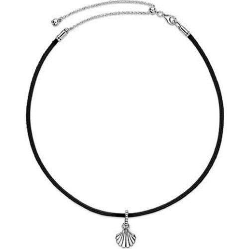 Summer New 925 Sterling Silver Necklace Shiny Shell Black Leather Adjustable Suitable For Original Female Party Holiday Jewelry