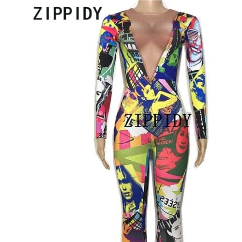 New Colorful Pattern Jumpsuit Long Sleeves Stretch Wear Womens Prom Party Bodysuit Female Singer Dance Nightclub Sexy outfit