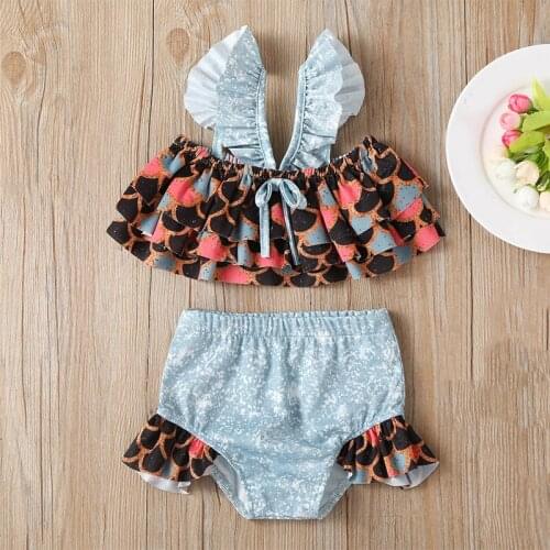 Girls Set Summer Suit Swimsuit Fish Scale Printing Top+Short 2Pcs Swimming Costume Girl Clothes Kid Clothing