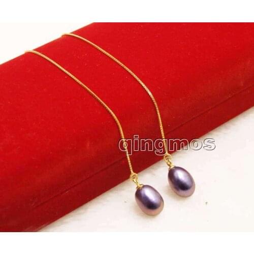 Fashion 7-9mm Black Drop Natural Freshwater pearl and Gold-Color sterling silver s925 Ear Line dangle 4'' Earring-ear660