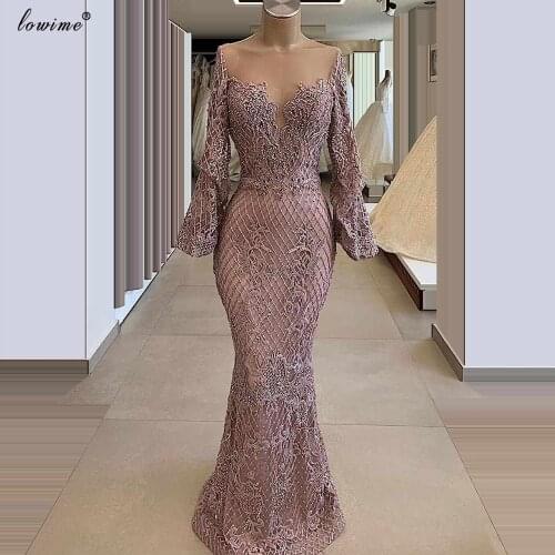 Muslim Blush Pink Lace Evening Dresses Long Plus Size Beading Evening Gowns Dubai Long Sleeves Formal Prom Dresses Party Custom
