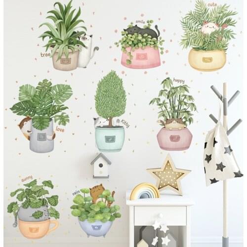 Cat Potted Plants Wall Stickers for Living room Wall Decor Removable Vinyl Wall Decals for Bedroom Home Decor Art Murals Posters