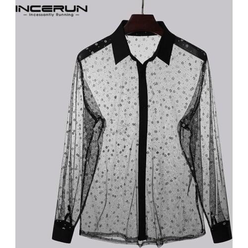 Fashion Men Sexy Shirt Mesh See Through Long Sleeve Lapel Nightclub Party Shirts Floral Streetwear Chic Camisas Hombre INCERUN
