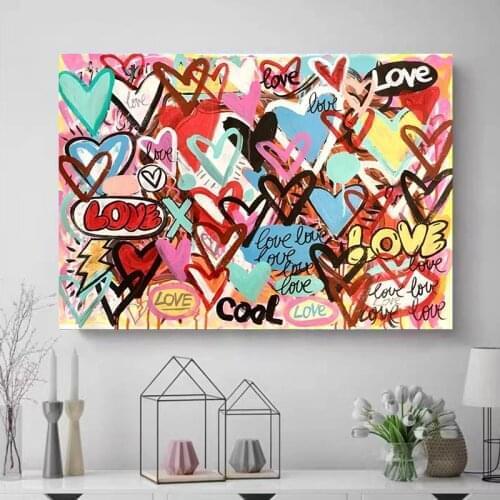 Modern Group of Colorful Love Hearts Canvas Painting Abstract Graffiti Art Posters and Prints Wall Picture for Living Room Decor