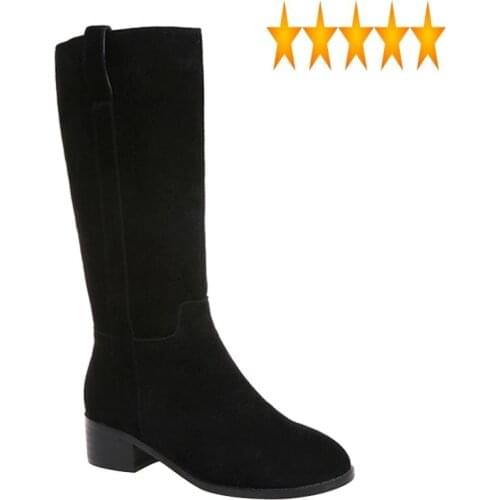 Warm Winter Short Plush Lining Mid-Calf Round Toe Cow Suede High Top Shoes Block Heels Motorcycle Bikers Boots Size 34-43