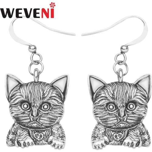 WEVENI Plated Alloy Antique Gold Cat Kitten Earrings Big Pet Metal Drop Dangle Jewelry For Girl Friends Birthday Gift Decoration