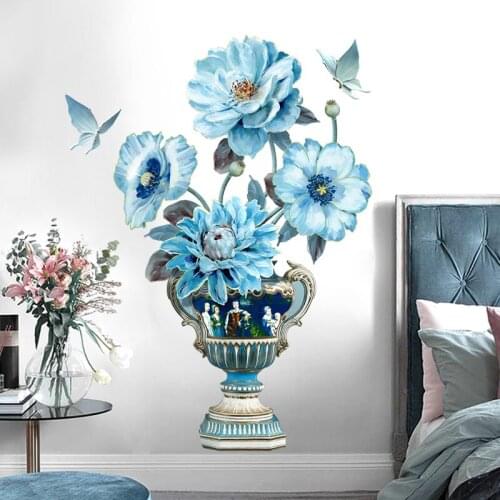 Peacock Blue Flower Vase Wall Stickers Butterflies European Art Decals Living Room Bedroom Decor Wallstickers Pegatinas De Pared