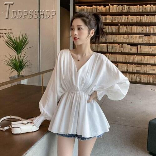 2020 Autumn New V Neck Bat Sleeve Women Blouse White And Black Color Female Blouses