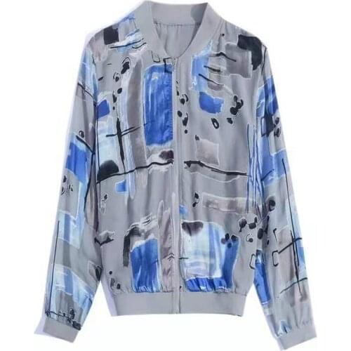 European and American womens wear for spring 2021 Long sleeve zipper with round neck Geometric Print Fashion Silk coat