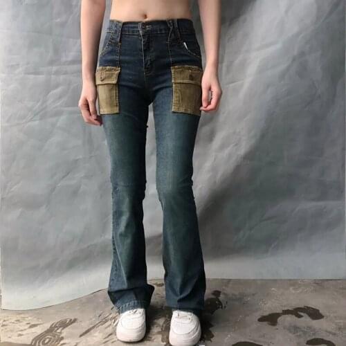 New Spring Autumn Loose Harem Denim Pants Micro Flared High Waist Women Trousers Ladies Colorblock Pocket Straight Vintage Jeans