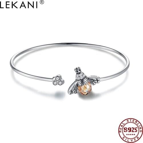 LEKANI 925 Sterling Silver Bracelets Bangles For Women Austria Crystal Bee And Shiny CZ Honeycomb Cuff Charm Bangle Fine Jewelry