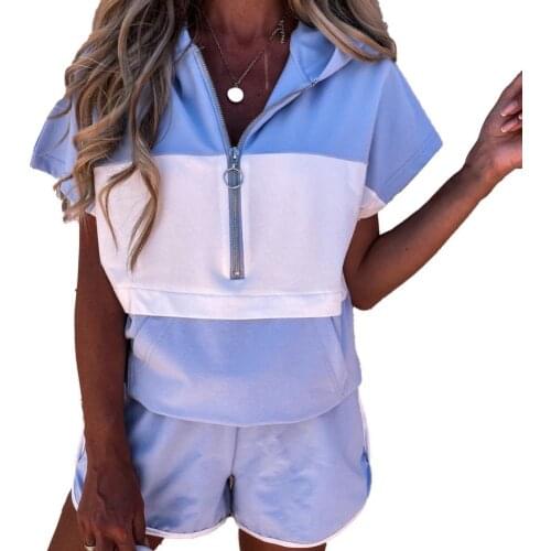 Striped Hooded Top Womens Shorts Sets Tracksuit Contrast Short Sleeve Zipper Hoodie Two Piece Set Women 2021 Summer Casual Suit