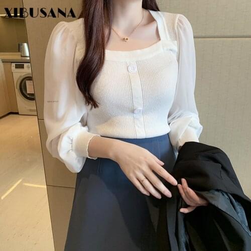 Retro Button Lace Patchwork Sweater 2021 New Spring Puff Sleeve Square Collar Women Knitted Tops Female Elegant Outwear Mujer