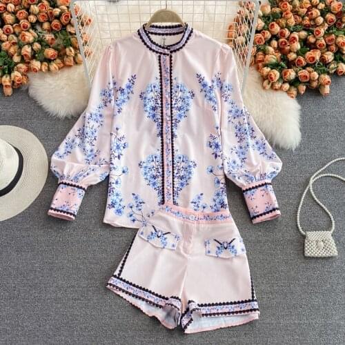 Amolapha Women 2021 Summer New Retro Printed Shirt + High Waist Wide Leg Shorts Female Fashion 2pcs Vintage Suit