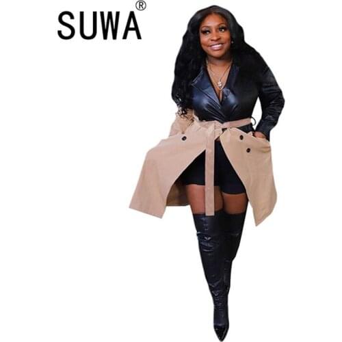 Streetwar Women 2021 Winter Newest PU Patchwork Overcoats Turn-down Collar Lon Sleeve Sashes Double-breasted Lady Midi Jackets