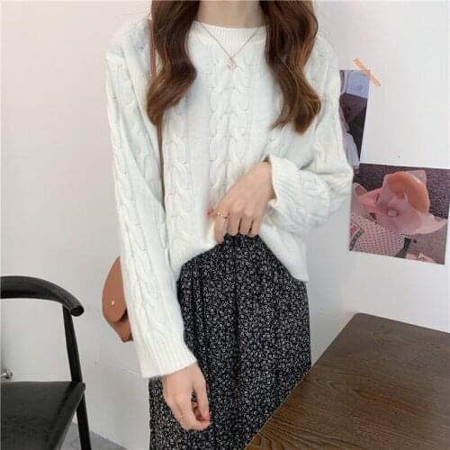 ZJZLL Autumn Winter Warm Outer Wear Japanese Round Neck Knitted Twist Pullover Loose Thickened Sweater Solid Color Top for Women