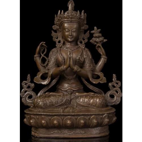 20 CM Tibetan Buddhism Bronze Lotus Four-armed Avalokiteshvara Bodhisattva Kuan-yin Bodhisattva Buddha Statue