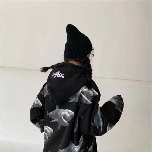 2020 Harajuku Shark Printed Hooded Oversized Loose Long Sleeve White Ulzzang Hoodie Streetwear Females Cool Animal Hoodie Funny