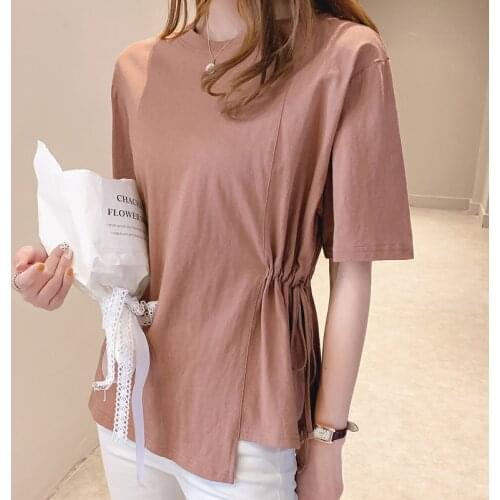 2021 Summer T Shirt Women Folds y2k Casual Womens Tee Shirts Cotton O-Neck Tops Lace Up Short Sleeve T-shirt Ladies Clothings