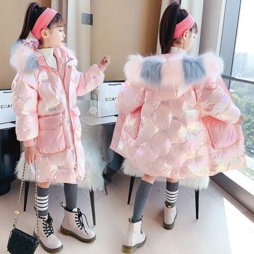 2021 Girls clothes clothing Winter Warm Hooded Jacket parka faux Fur Coat Children Thicken Bright Outwear Waterproof snowsuit