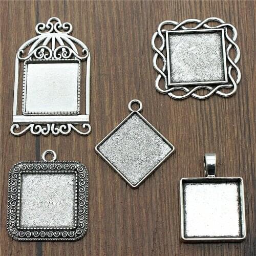 4pcs Fit 20mm Square Glass Cabochon Base Setting Pendant Tray For Jewelry DIY Making Antique Silver Color FM4002
