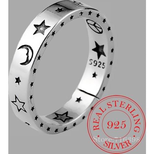 925 Sterling Silver Women Moon Star Open Ring Smiling Face Finger Rings Lady Vintage Fine Party Jewelry Gift