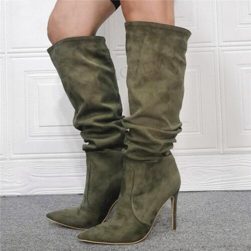 BERZIMER Pleated Women Knee High Boots Faux Suede Handmade High Heels Autumn Winter Tall Boots Shoes Woman Big Size 39 43 45 47