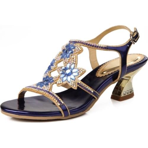 Mid Heels Crystals Wedding Sandals Open Toe Ankle Buckle Strap Low Heels Prom Evening Party Dress Ladies Summer Sandals