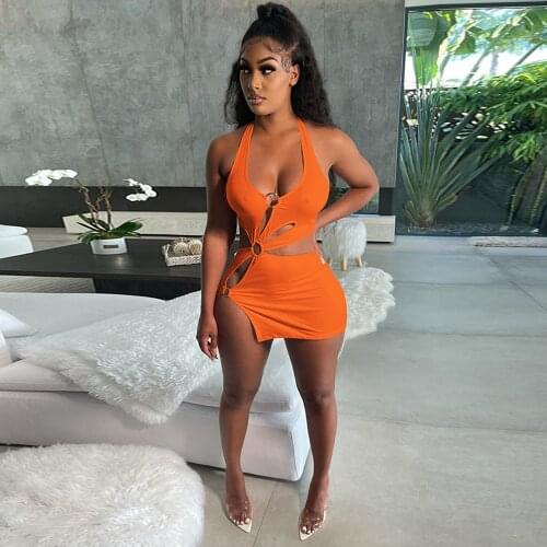 Hipster Solid Hollow Out Backless Pencil Dress Women Haler Neck Side High Split Skinny Dress Summer Night Club Party Vestidos