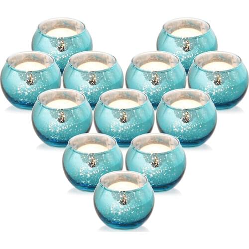 Round Blue Votive Candle Holders Centerpiece for Wedding Table,Room Home Decor Accessories,12 Mercury Glass Candle Holders Bulk