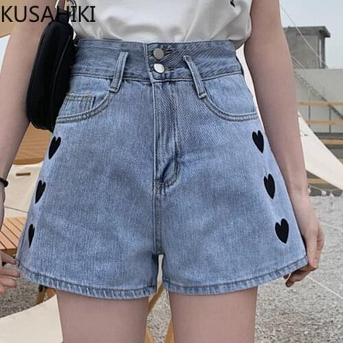 KUSAHIKI 2021 Summer New Jean Shorts Summer Korean Love Heart Bottoms High Waist Demin Short Feminimos Chores Para Mujer 6F949