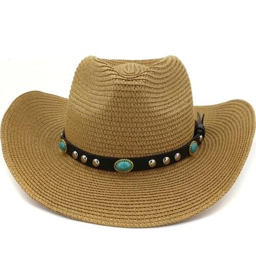 Fashionable Summer Beach Hat Cowboy Paper Straw Hats for Men Women Wide Brim Panama Style Sun Visor Cap with Belt Decor
