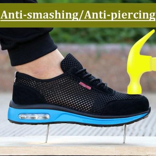 Man puncture-resistant steel toe caps work shoes safety shoes black mesh cloth wear resistant breathable male work boots 35-46