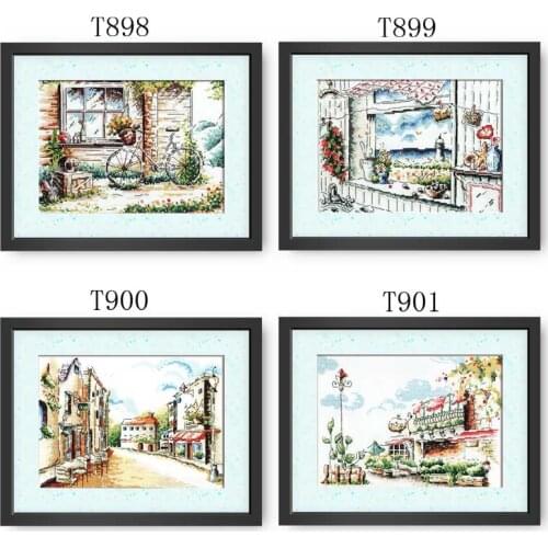 Fishxx Cross Stitch Kits T898-T901 Street View Window Bicycle Watercolor Pattern Four European Pastoral