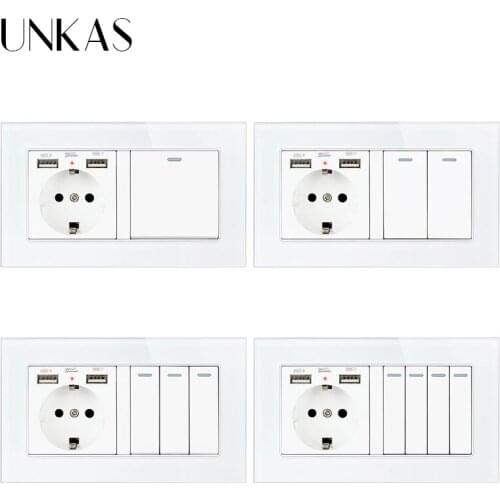 UNKAS EU Standard Dual USB Port Wall Socket Tempered Crystal Glass Panel Outlet + 1 2 3 4 Gang 1 / 2 Way On / Off Light Switch