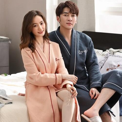 Pure Cotton Air Cotton Interlayer Nightgown Couples & Lovers Turn-down Collar Button-Down Winter Warm comfy Pajama A Set CKE