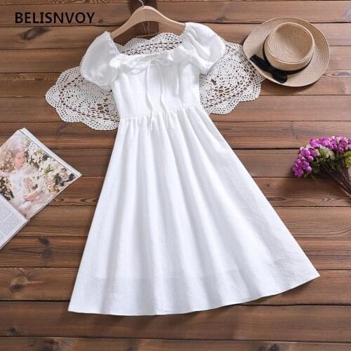 French Ruffles Long Dress Women White Puff Sleeve Square Collar Beach Party Dress Elastic Waist Summer Dress Elegant Vestidos