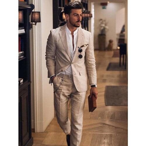 ANNIEBRITNEY Casual Beige Linen 2 Piece 2020 Summer Suit Custom Slim Fit Smart Casual Office Suit Summer Groom Wedding Tuxedo