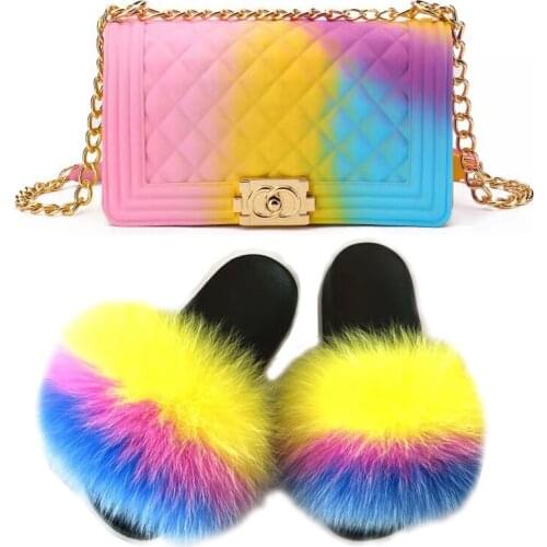 Fur Slippers Outdoor Sandals Fluffy Fur Slides Jelly Bag Fur Slides With Purse Set For Women Open Toe Sandals Plush Flip Flops