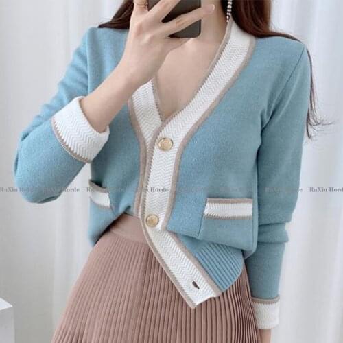 Sweater Cardigan Coat Vintage Women Top Patchwork Small Sweet Wind Hitting Scene Spot V-Neck Gold Buckle 2021 Fall Winter Pink