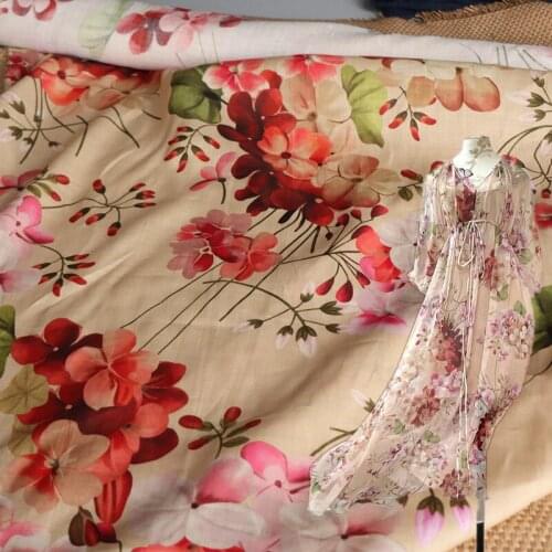 High quality natural pure ramie fabric Pink Flower Print patchwork Designer custom skirt dress sewing