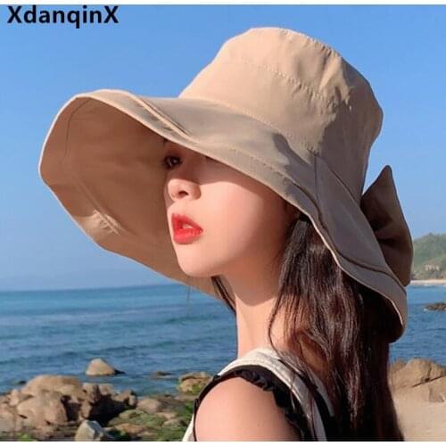 XdanqinX New Summer Womens Hat Bow Decoration Large-brimmed Sun Hats UV Protection Casual Beach Hat Foldable Travel Female Hat