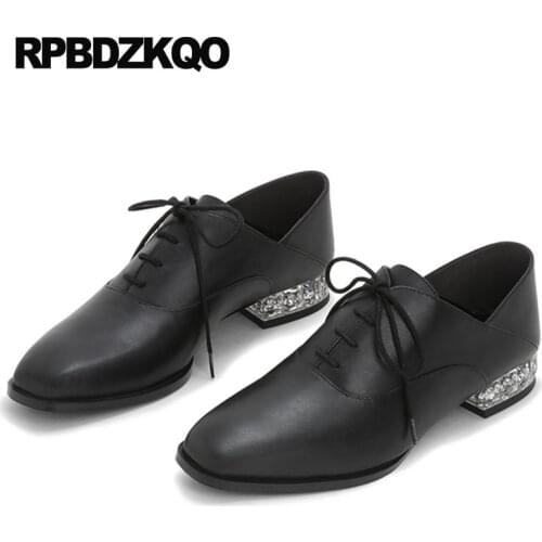 Japanese school diamond rhinestone runway oxfords black designer shoes women luxury 2018 crystal transparent square toe lace up