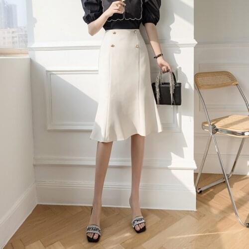 Springsummer Ruffle Black Ladies Skirt Women Simple High Waist Wrap A Line Office Skirt Women