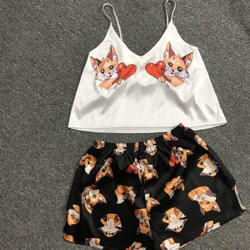Animal Cartoon Fox PrintSleeveless V Neck Satin Sleepwear Women Silk Pajamas Home Suit Sets Women Pajama Set Pijamas Women