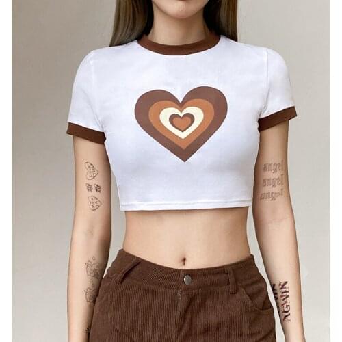 Newest Trendy Heart Pattern Crop Top Female Wild Casual Stylish T-Shirt Summer Short Sleeve Round Neck Slim Fit Base Shirt