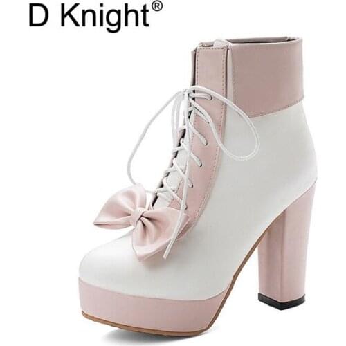 2020 New Women Boots Autumn Winter Boots Vintage Bow High Heels Lady Office Platform Lolita Shoes Western Ankle Boots Size 34-48